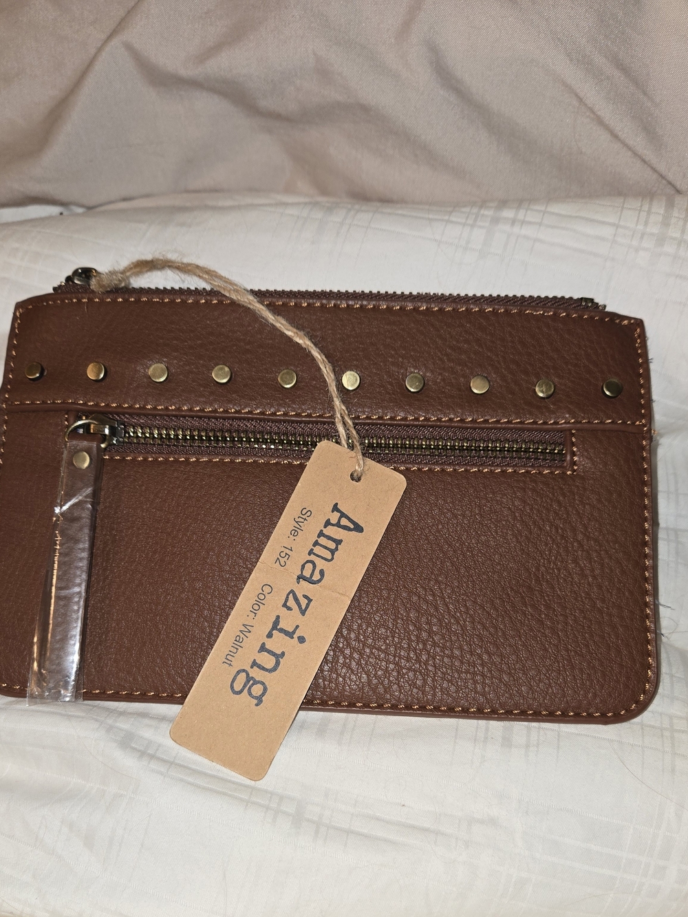Love One Love All Walnut Brown Faux Leather Studded Clutch NWT 8x5"